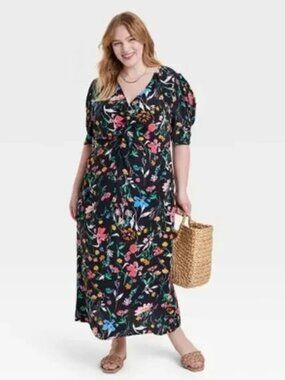 A New Day Women's Puff Short Sleeve Ruched A-Line Dress - Black Floral NWT 4X